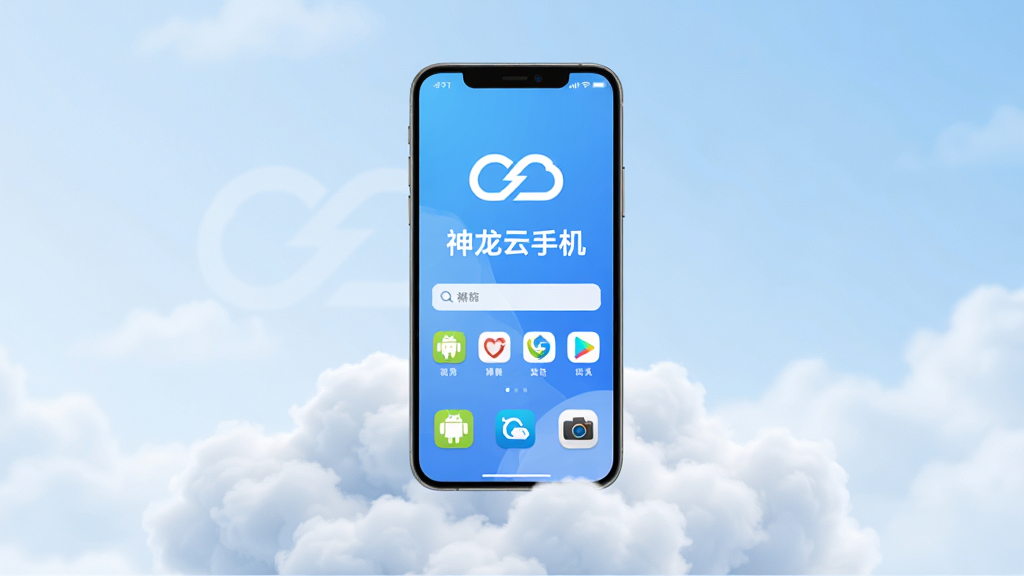 一张展示神龙云手机云端真机界面的图片,主体是一台虚拟手机悬浮在云朵上,布局为居中大图,排版简洁,风格科技清新,细节包含“神龙云手机”字样和安卓应用图标,画质高清,干净,无多余元素