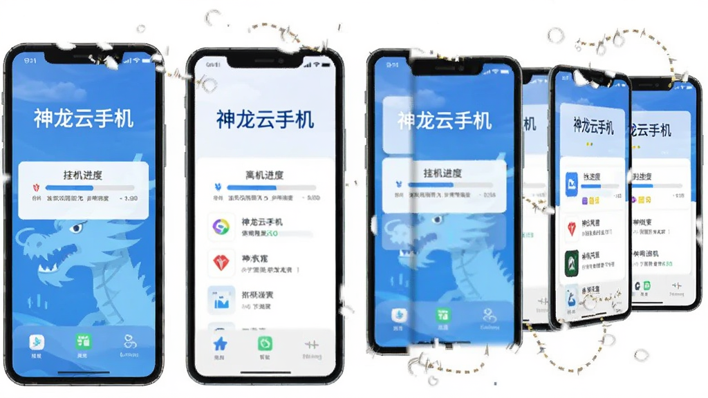 一张展示神龙云手机多开与离线托管功能的图片,主体是多个虚拟手机窗口并排排列,布局为横向展开,排版整齐,风格扁平化,细节包含“神龙云手机”文字和挂机进度条,画质清晰,干净,无多余元素