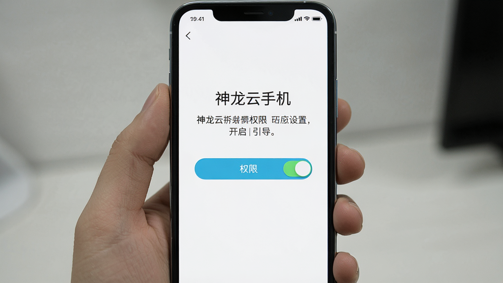 一张展示神龙云手机新手设置界面的图片,主体是手机屏幕显示权限开启引导页,布局为竖屏居中,排版清晰,风格简洁实用,细节包含“神龙云手机”字样和权限开关按钮,画质高清,干净,无多余元素