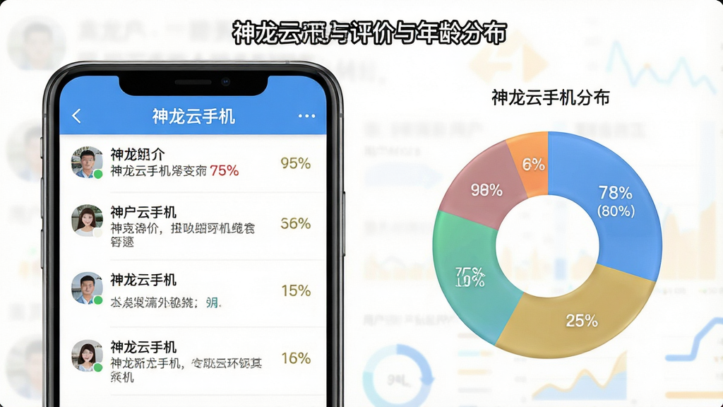 一张展示神龙云手机用户评价与年龄分布的图片,主体是手机屏幕显示用户评论列表和饼状图,布局为上下结构,排版清晰,风格数据可视化,细节包含“神龙云手机”文字和百分比数字,画质高清,干净,无多余元素