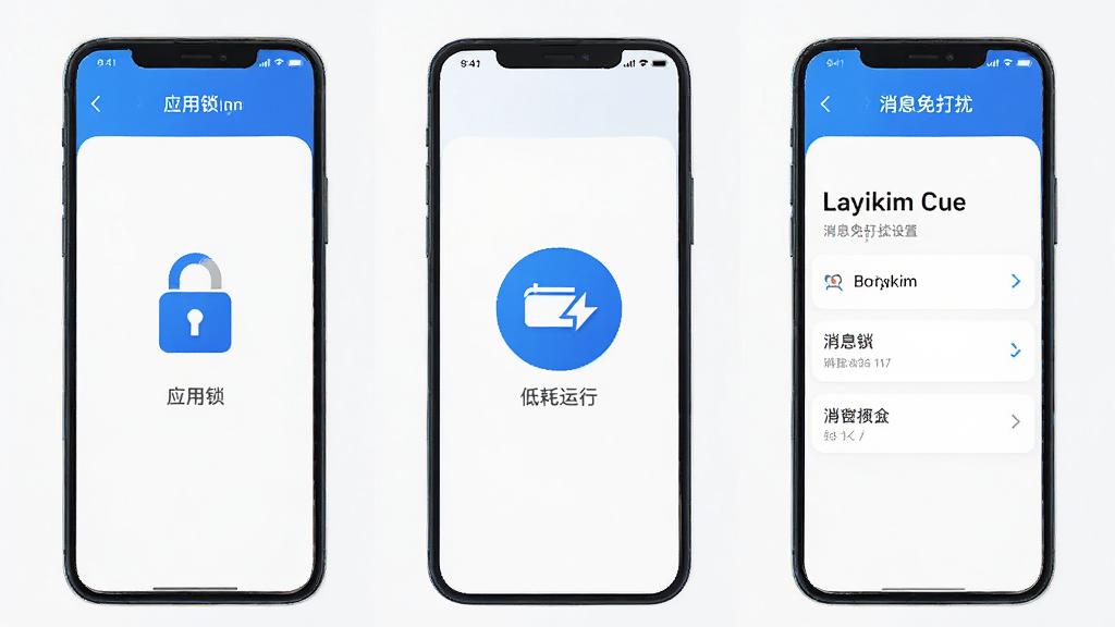 Layikim 功能展示图,手机屏幕分成三个区域,左侧显示应用锁界面,中间显示低耗运行图标,右侧显示消息免打扰设置,整体布局清晰,蓝白配色,风格统一,画质干净无多余元素