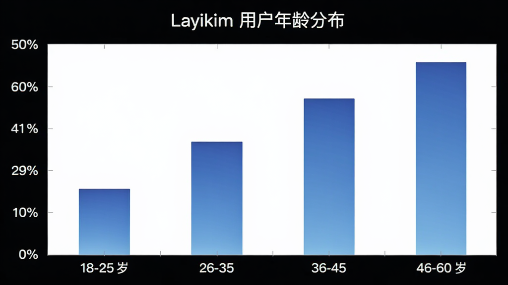 Layikim 用户年龄分布柱状图,横轴显示 18-25 岁、26-35 岁、36-45 岁、46-60 岁四个年龄段,纵轴显示用户占比百分比,柱状颜色为蓝色渐变,图表标题为“Layikim 用户年龄分布”,背景干净,数据清晰,风格简洁现代,画质干净无多余元素