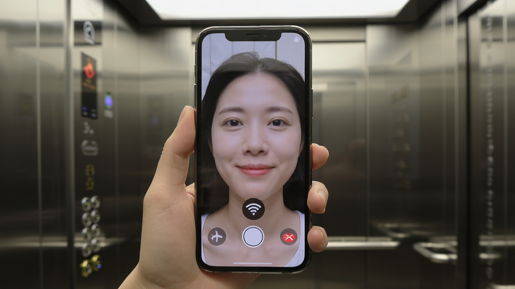美颜YFace镜子离线使用场景展示,一只手拿着手机在电梯内使用镜子功能,手机屏幕显示清晰的面部画面,旁边有飞机模式图标和WiFi关闭图标,背景为现代电梯轿厢,光线柔和,画面风格写实,画质干净,突出便捷性