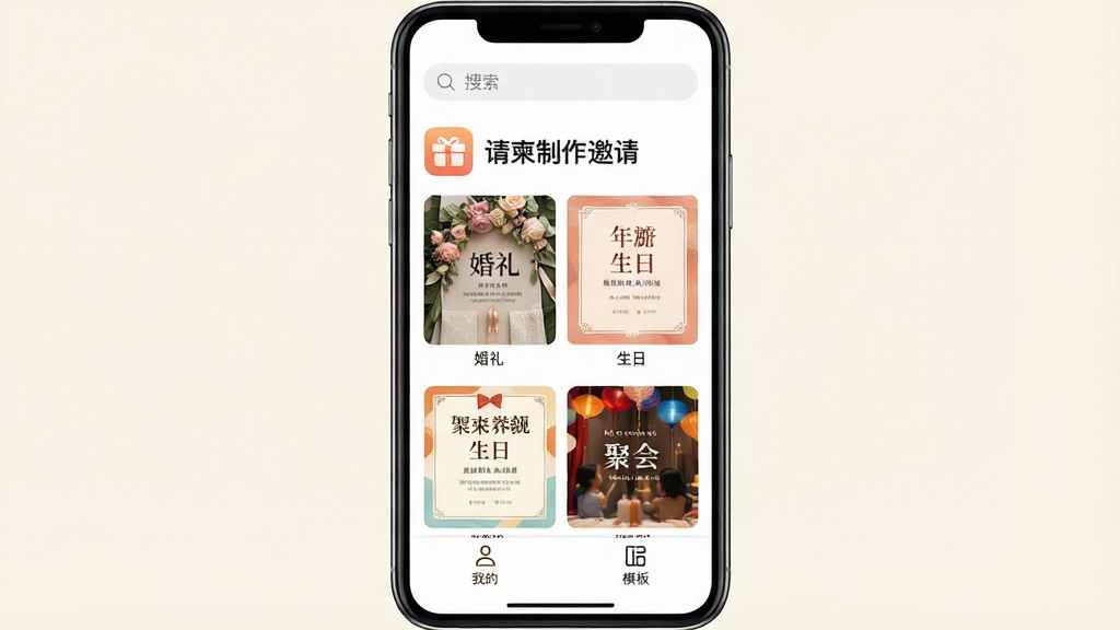 一张手机屏幕截图风格的图片,画面中央是“请柬制作邀请”App的首页界面,界面布局简洁,顶部有搜索框,中间展示着多款不同风格的请柬模板缩略图,如婚礼、生日、聚会主题,色彩温馨喜庆,底部有“我的”和“模板”选项卡,整体风格现代扁平化,画质清晰干净,无多余元素,背景为淡雅的米白色,突出App图标和界面文字“请柬制作邀请”。