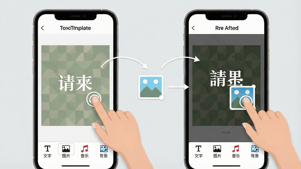 一张手机操作界面的分步示意图,展示“请柬制作邀请”App的编辑过程。画面左侧是原始模板,右侧是编辑后的效果,中间有手指点击文字和图片的图标示意,界面底部有“文字”、“图片”、“音乐”、“背景”等编辑工具栏,风格简洁直观,画质清晰,背景为浅灰色,突出操作的便捷性。