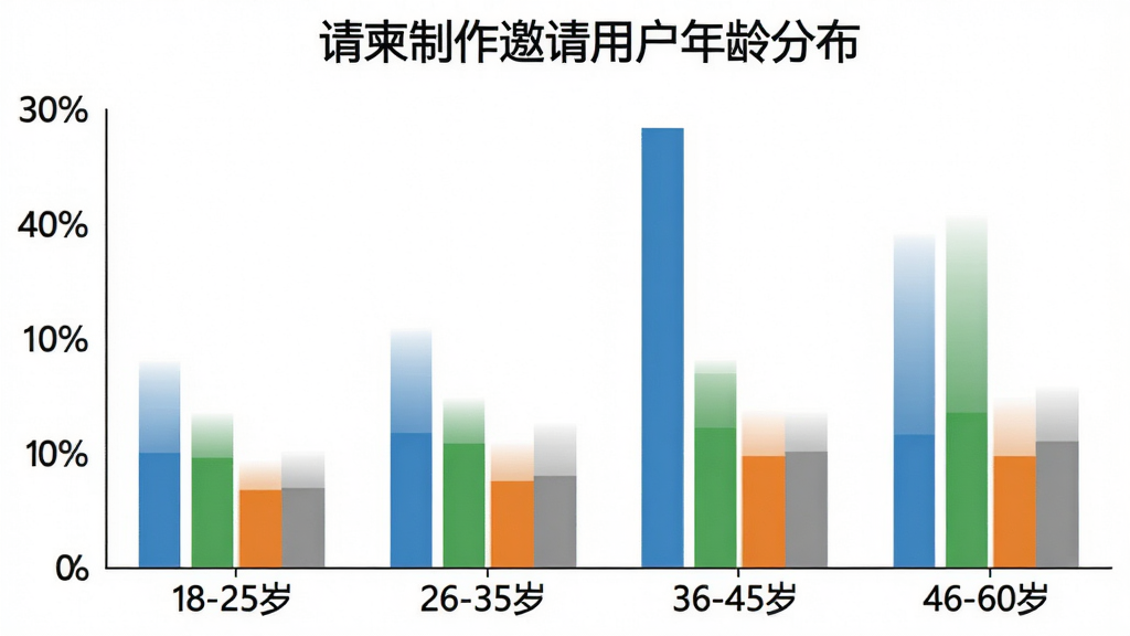 一张柱状图,标题为“请柬制作邀请用户年龄分布”,横轴为年龄段“18-25岁”、“26-35岁”、“36-45岁”、“46-60岁”,纵轴为用户占比百分比,柱状图颜色分别为蓝色、绿色、橙色、灰色,数据大致显示26-35岁占比最高,其次是18-25岁,图表风格简洁,背景为白色,画质清晰,无多余元素。