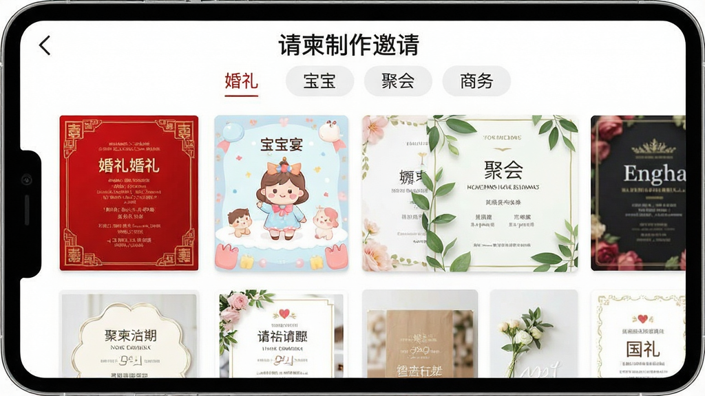 一张展示“请柬制作邀请”App模板库界面的图片,画面中整齐排列着多张风格各异的请柬缩略图,包括大红喜庆的婚礼请柬、可爱卡通的宝宝宴请柬、清新简约的聚会请柬,界面顶部有“婚礼”、“宝宝”、“聚会”、“商务”等分类标签,整体排版干净有序,色彩丰富但不杂乱,画质高清,背景为纯白色,突出模板的精致细节。