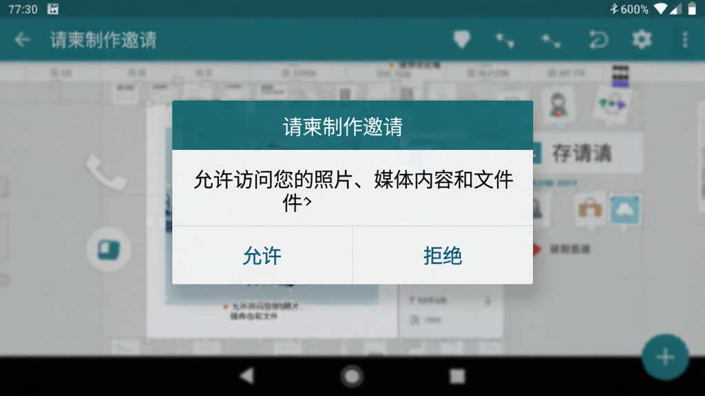 一张手机屏幕截图,画面显示“请柬制作邀请”App在保存请柬时弹出的权限请求弹窗,弹窗内容为“允许访问您的照片、媒体内容和文件”,下方有“允许”和“拒绝”两个按钮,界面风格为安卓原生风格,画质清晰,背景为模糊的App编辑界面,突出权限设置的重要性。
