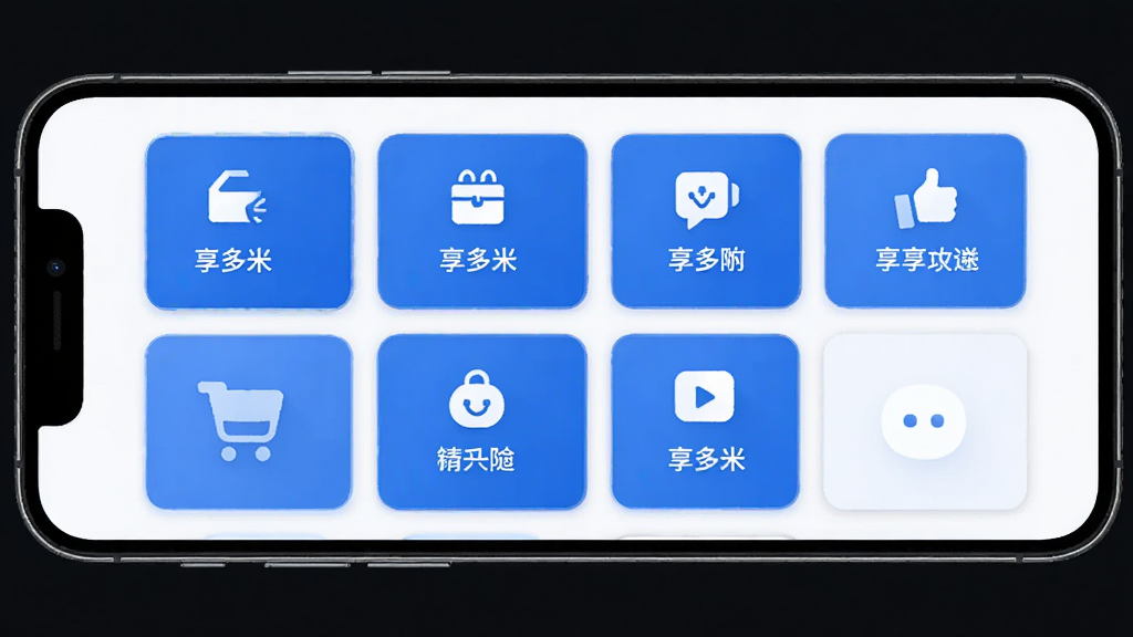 享多米应用功能展示图,画面以手机屏幕为载体,展示享多米内部多个功能模块的卡片式布局,每个卡片上有简洁的图标和文字标签,整体风格统一为蓝色调,排版整齐,画质干净,无多余元素