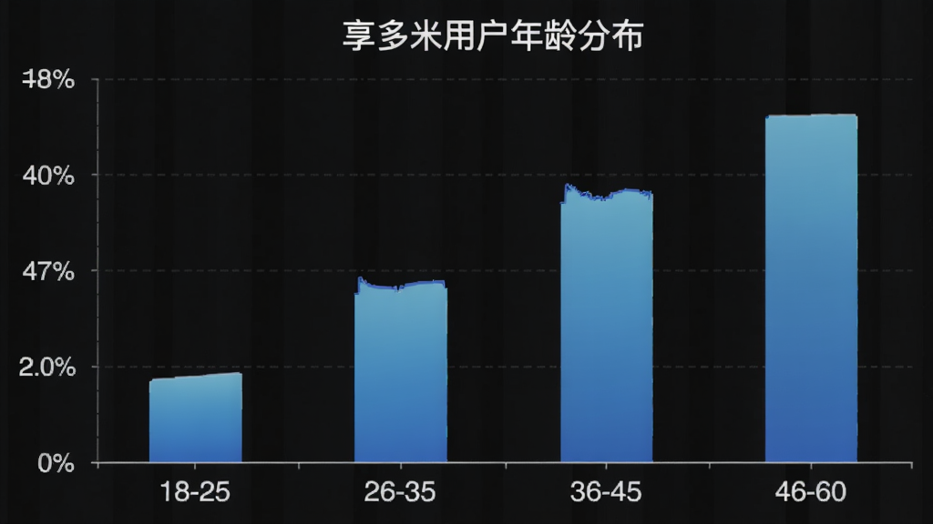 享多米用户年龄分布柱状图,横轴为年龄段18-25、26-35、36-45、46-60,纵轴为用户占比百分比,柱状颜色为蓝色渐变,图表标题为“享多米用户年龄分布”,风格简洁清晰,画质干净,无多余元素