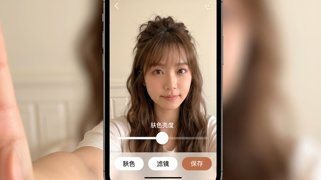 发型测试相机滤镜与妆效调整界面展示,主体为手机屏幕内一位女生自拍,屏幕上显示发型已更换,同时有肤色亮度和滤镜滑条,布局为底部工具栏有“肤色”“滤镜”“保存”按钮,排版简洁,风格为柔和暖色调,细节上滑条带有圆形调节钮,画质细腻,无多余元素