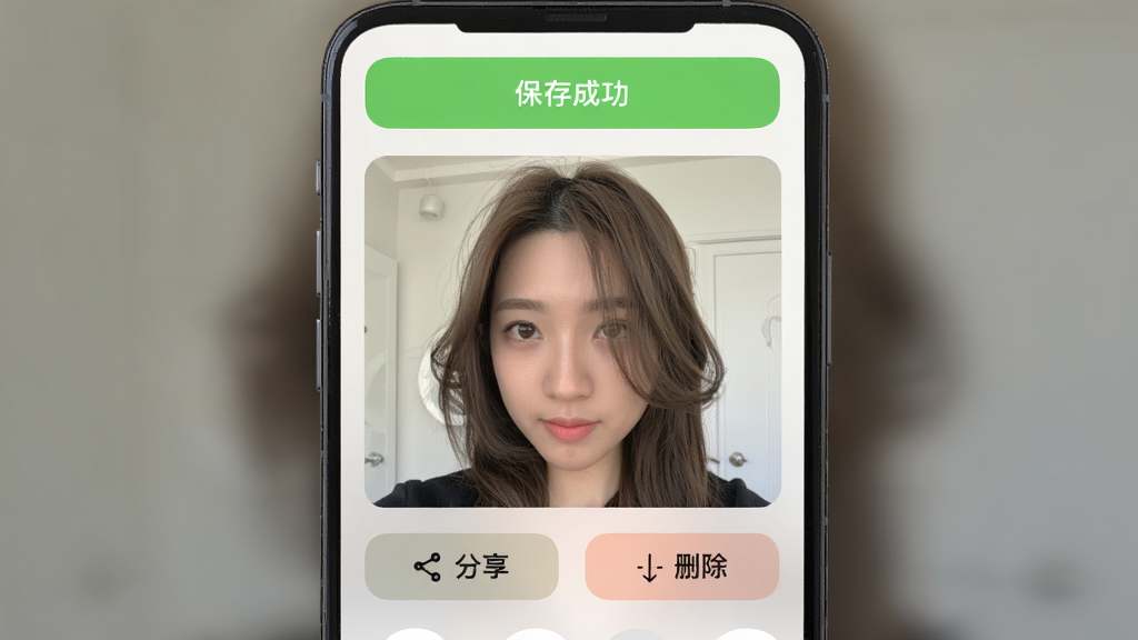 手机屏幕显示发型测试相机保存成功的提示界面,主体为相册中一张换好发型的自拍照,布局为顶部有“保存成功”绿色提示条,中间是照片预览,底部有分享和删除按钮,排版简洁,风格为iOS风格圆角卡片,细节上照片中女生发型自然,画质清晰,干净无多余元素