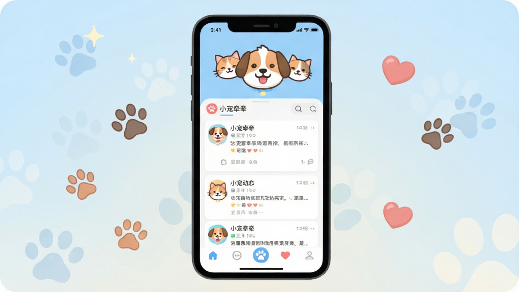 һ��չʾС��ǣǣ�������Ľ�����ֻ�����ͼ�������������ֻ���Ļ����Ļ����ʾС��ǣǣ����ҳ���Ϸ��пɰ���è����ͨͷ���м��ǳ��ﶯ̬��Ϣ�����ײ���������������������ܰ��ǳ��ɫ���䣬��Χɢ���� paw ��ӡ�Ͱ���СԪ�أ��������ֻ���Ļ�����־��У��Ű��࣬����Ǳ�ƽ����ͨ��ϸ��Բ����ë�ߣ����������ɾ����޶���Ԫ�ء�