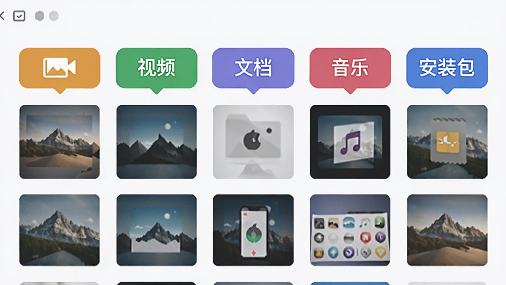 几何云智能分类界面图,画面中显示多个彩色标签,分别标注着图片、视频、文档、音乐、安装包等字样,标签下方是缩略图排列,界面布局清晰,以浅色背景为主,风格现代扁平,画质干净,无多余元素