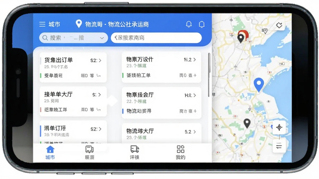 物流公社承运商 手机应用主界面 展示货源列表和地图定位 蓝白配色 简洁现代风格 顶部显示城市名称和搜索栏 中间是订单卡片列表 底部为接单大厅和我的两个选项卡 画质清晰 干净无多余元素