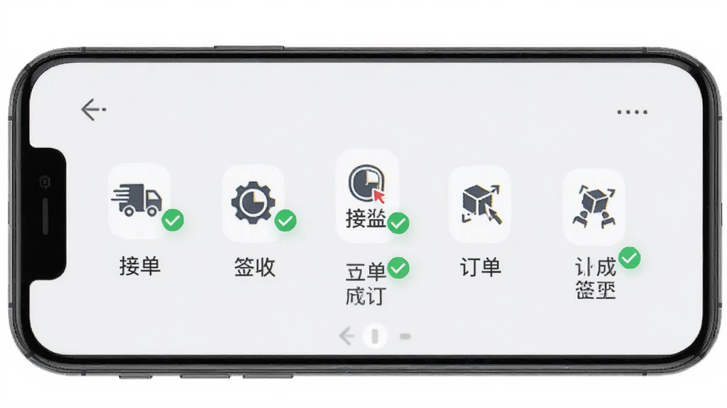 物流公社承运商 订单管理流程图 手机界面展示 从接单到签收五个步骤图标 绿色对勾标记完成状态 浅灰色背景 风格简约商务 画质清晰
