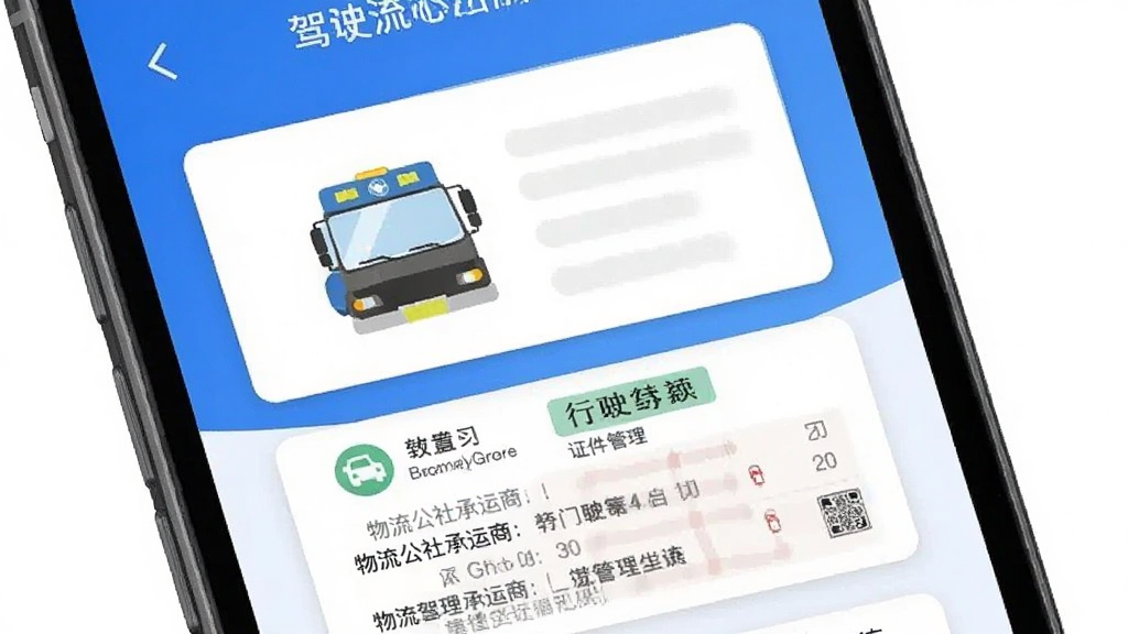 物流公社承运商 证件管理界面 手机屏幕显示驾驶证和行驶证卡片 蓝色背景 卡片式布局 风格简洁 干净无多余元素