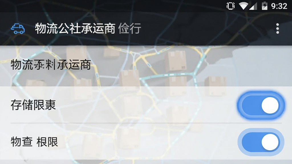 物流公社承运商 手机权限设置界面 显示定位和存储权限开关 安卓系统设置页面 蓝色高亮标记开启状态 风格简洁 画质清晰