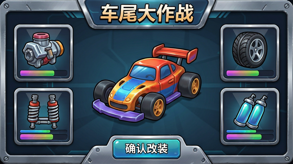 游戏车库改装界面截图,画面中央是一辆待改装的卡通赛车,周围环绕着引擎、轮胎、悬挂、氮气四个改装模块的图标和属性条,顶部显示游戏名称“车尾大作战”,底部有确认改装按钮,风格为科技感与卡通结合的UI设计,细节包括金属质感边框、渐变属性条和零件高光,画质干净清晰,无多余元素