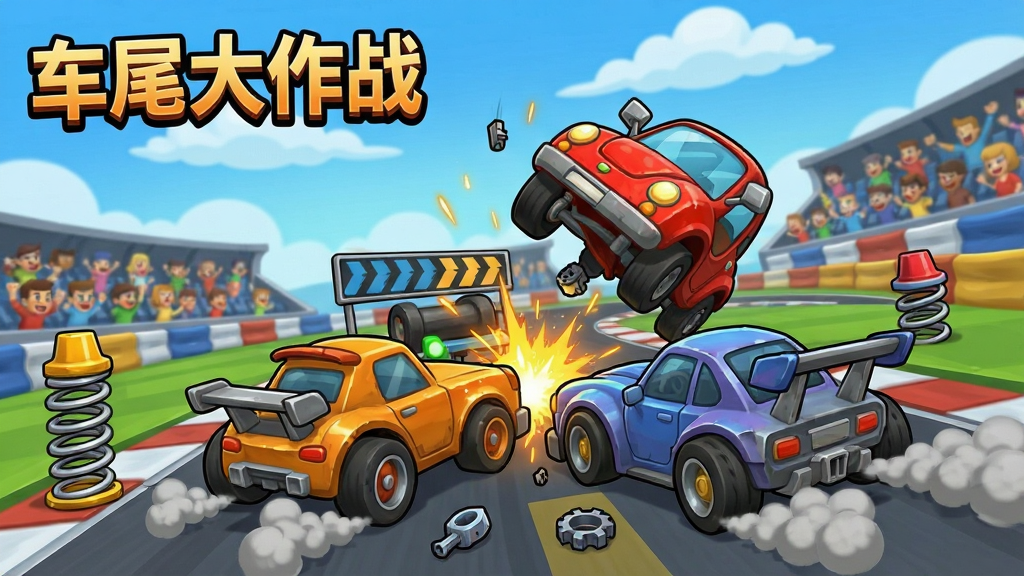 卡通风格的游戏场景截图,画面中四辆造型各异的赛车在环形赛道上激烈碰撞,其中一辆红色小车被撞得腾空翻转,赛道边缘有弹簧装置和加速带,背景是蓝天白云和观众席,游戏名称“车尾大作战”以艺术字体显示在画面左上角,风格为明快的美式卡通,细节包括火花特效、轮胎烟雾和散落的零件,画质干净利落,无多余元素