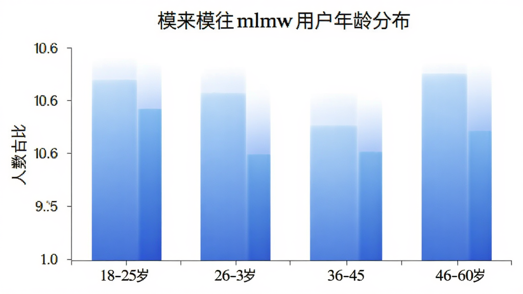 模来模往mlmw用户年龄分布柱状图,横轴标注18-25岁、26-35岁、36-45岁、46-60岁四个年龄段,纵轴标注人数占比,柱状颜色为蓝色渐变,图表标题为模来模往mlmw用户年龄分布,背景白色,风格干净简洁,画质清晰无多余元素