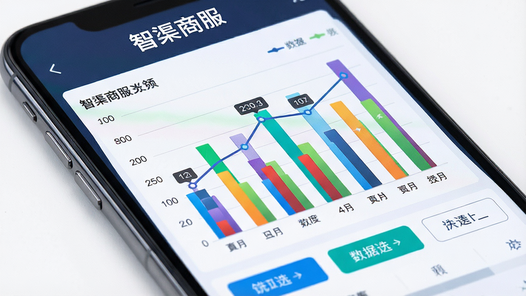 一张“智渠商服”渠道数据看板功能的特写图片,主体是手机屏幕显示彩色柱状图和折线图,屏幕上方有“智渠商服”字样,布局是图表占据主要视觉中心,下方有筛选按钮,排版错落有致,风格为商务科技感,细节上图表颜色鲜明、数据标签清晰,画质锐利,干净无杂乱背景。