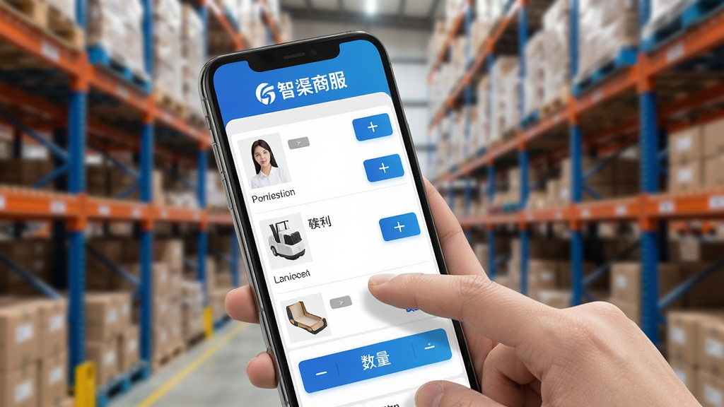 一张展示“智渠商服”移动开单界面的图片,主体是一只手拿着手机,屏幕显示商品列表和数量加减按钮,屏幕顶部有“智渠商服”的logo,布局是操作界面占据主导,背景是模糊的仓库货架,风格为真实生活化场景,细节上手指点击动作自然、界面按钮高亮清晰,画质明亮,干净无干扰元素。
