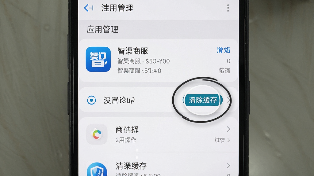 一张展示手机清理缓存操作的图片,主体是手机屏幕显示应用管理界面,界面中“智渠商服”应用信息页被高亮,布局是设置菜单列表,排版清晰,风格为手机系统截图风格,细节上“清除缓存”按钮被圈出,画质清晰,干净无多余元素。