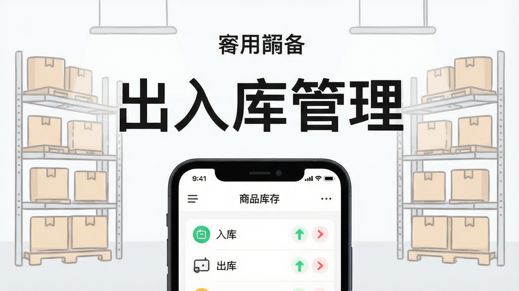 一个简约风格的手机应用界面展示图,居中显示“出入库管理”四个大字标题,背景是整洁的仓库货架简笔画。画面主体是一部手机,屏幕里显示着商品库存列表,带有入库和出库的绿色红色箭头标识。布局采用上下结构,上方是应用名称,下方是功能界面截图。排版清晰,风格现代扁平化,细节圆润,画质干净高清,无多余元素。