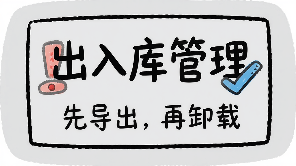一个卡通风格的小贴士提示牌,上面写着“出入库管理”几个字,旁边有一个红色感叹号图标和蓝色对勾图标,下方有简单的文字“先导出,再卸载”。背景是浅灰色,布局居中,风格轻松手绘,画质干净无多余元素。