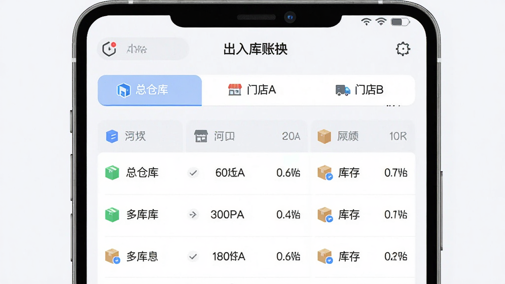 展示“出入库管理”应用内多账本切换的界面,屏幕中显示“总仓库”、“门店A”、“门店B”三个标签页,下方是各自对应的库存列表。画面采用浅色背景,布局清晰分栏,风格简洁商务,细节图标精细,画质干净无多余元素。