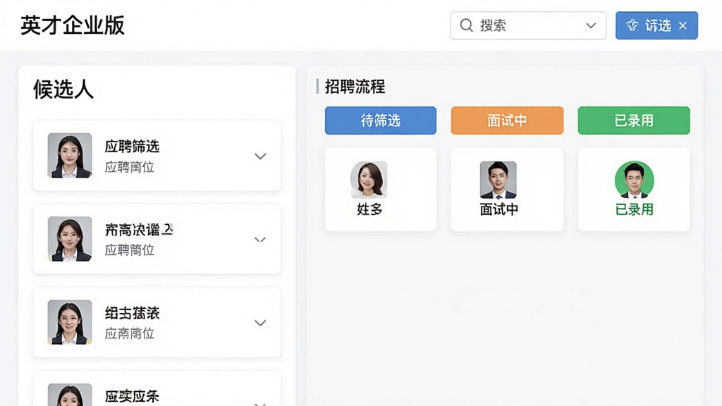 一张“英才企业版”招聘管理界面,画面左侧是候选人列表,右侧是招聘流程看板,显示“待筛选”“面试中”“已录用”三个状态列,卡片上有候选人姓名和应聘岗位,顶部有搜索和筛选按钮,风格清爽商务,画质干净无多余元素