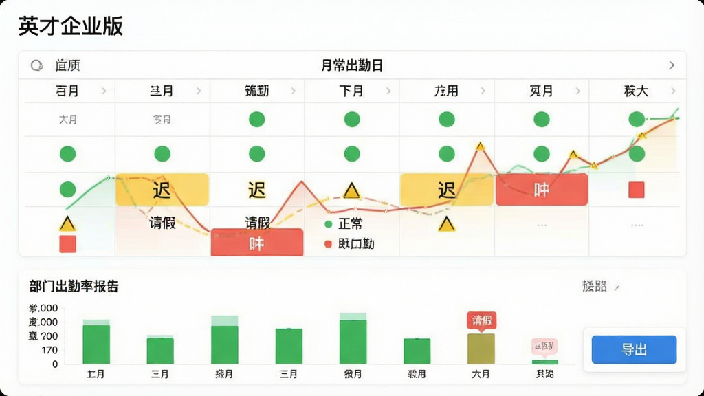 一张“英才企业版”考勤统计报表界面,画面显示月度出勤日历视图,绿色圆点代表正常出勤,黄色三角代表迟到,红色方块代表请假,下方是部门出勤率柱状图和导出按钮,背景白色,字体清晰,风格数据可视化,画质干净无多余元素