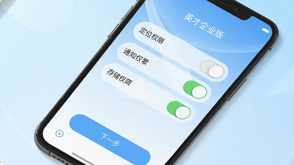一张手机屏幕展示“英才企业版”的安装引导界面,画面显示权限设置步骤,包括定位权限、通知权限、存储权限三个开关按钮,下方有“下一步”按钮,背景是浅蓝色渐变,风格简洁明快,画质干净无多余元素