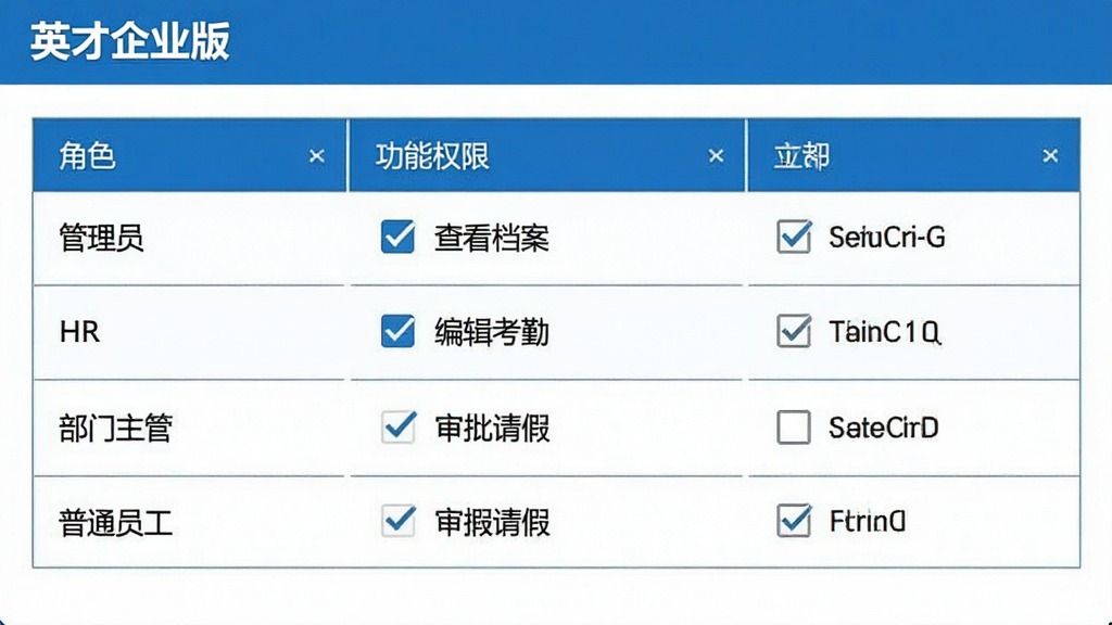 一张“英才企业版”权限设置界面,画面显示一个权限配置表格,左侧是角色列表(管理员、HR、部门主管、普通员工),右侧是功能权限勾选框(查看档案、编辑考勤、审批请假等),界面风格严谨清晰,蓝白配色,画质干净无多余元素