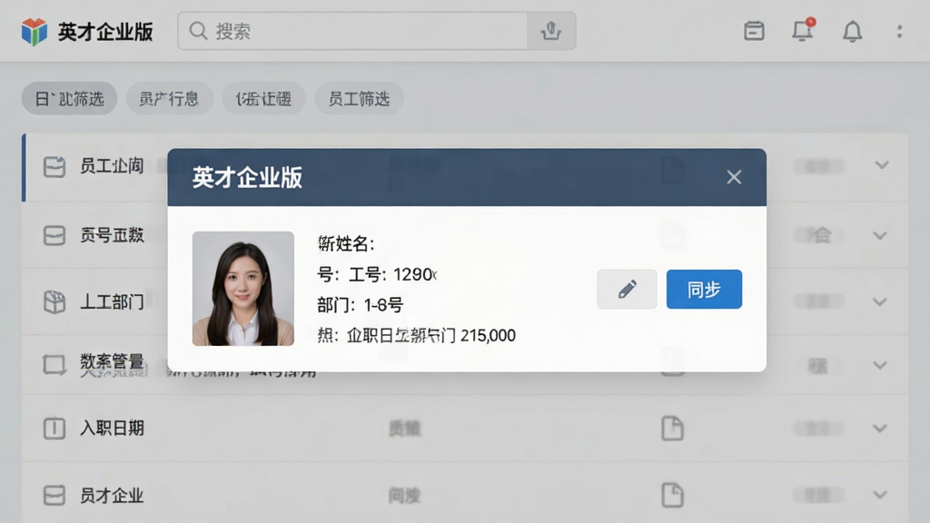 一张“英才企业版”应用内的员工档案管理界面截图风格展示,画面中央是一个员工信息卡片,显示姓名、工号、部门、入职日期,右侧有编辑和同步按钮,背景是浅灰色列表,顶部有搜索框和筛选标签,整体风格商务简洁,画质清晰无多余元素