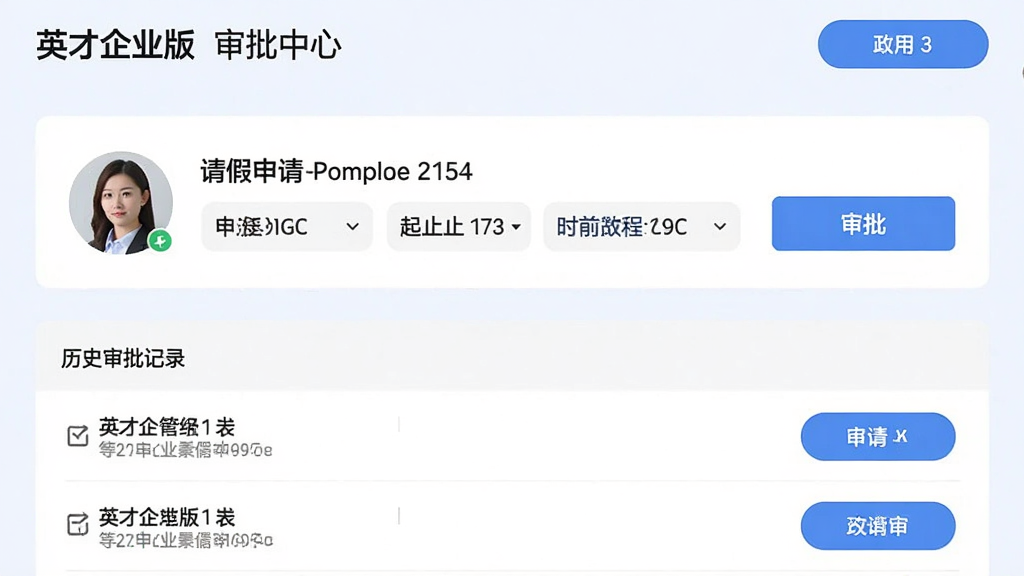 一张“英才企业版”审批中心界面,画面显示一条待审批的请假申请,包含申请人头像、请假类型、起止时间和审批按钮,下方是历史审批记录列表,背景浅色,按钮为蓝色圆角,风格简洁高效,画质干净无多余元素