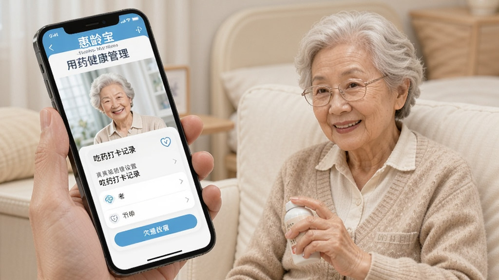 惠龄宝-智能健康管理 用药提醒设置 吃药打卡记录 老人手机操作界面
