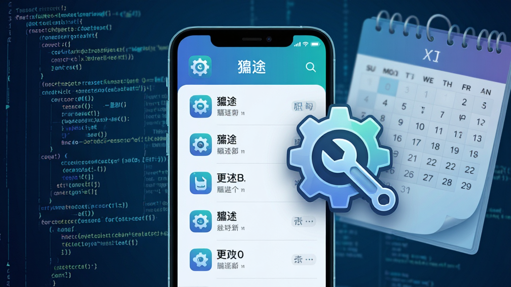 一张表现软件更新迭代的创意生图,画面中央是一个手机屏幕,屏幕上显示着“貔途”应用的更新日志列表,日志条目清晰可见,旁边有一个齿轮和扳手组成的维护图标,背景是抽象的代码流和日历页,色调偏冷色系,风格科技感十足,细节丰富,画质高清,无多余元素