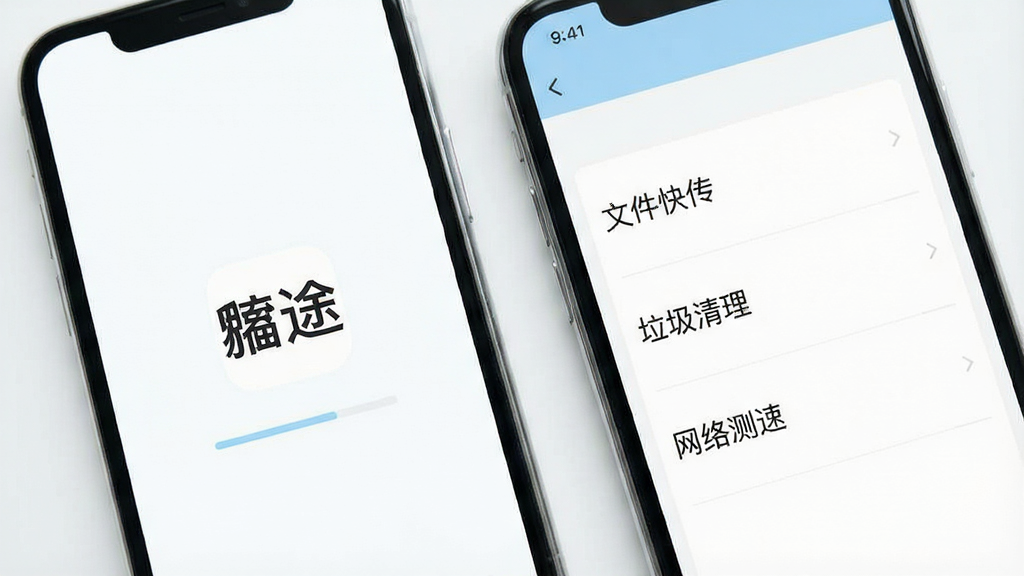 一张极简风格的手机界面特写图,画面主体是“貔途”应用的启动页与主功能页对比,左侧手机显示纯净的启动画面,仅有一个“貔途”Logo和加载进度条,右侧手机展示功能列表页,页面上整齐排列着“文件快传”、“垃圾清理”、“网络测速”等文字标签,没有任何广告横幅,整体布局留白充足,风格极简,色调以白和浅蓝为主,画质干净细腻,无多余元素