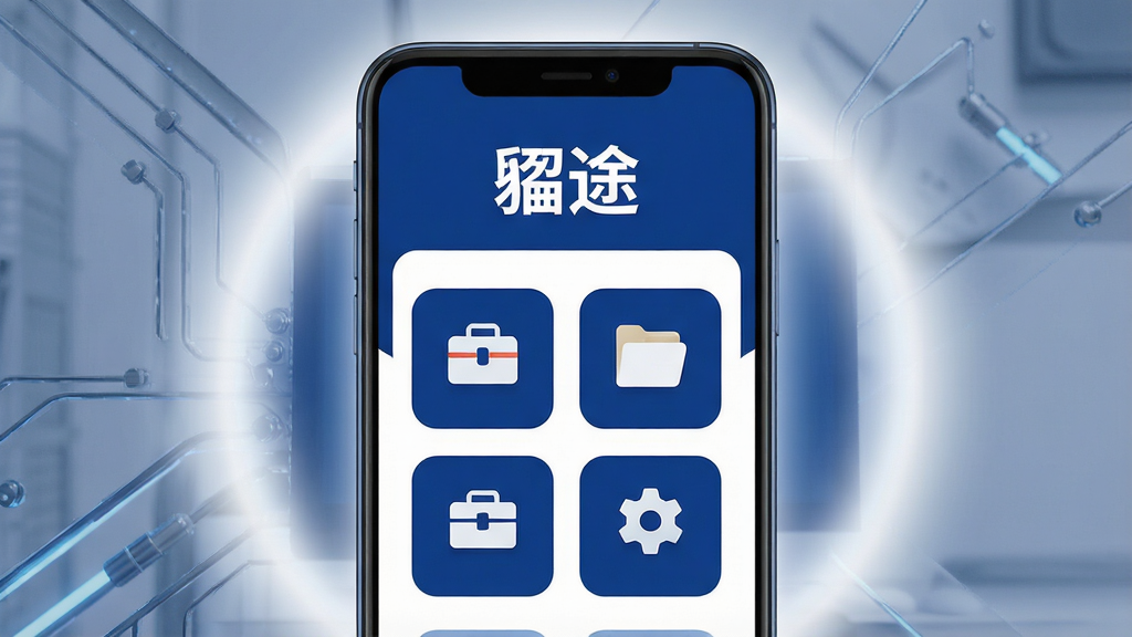 一张手机应用主界面的详细展示图,画面中央是一部安卓手机,手机屏幕上显示着“貔途”应用的首页,界面主体以深蓝色和白色为主色调,顶部有醒目的“貔途”文字标识,中间区域排列着几个简洁的功能图标,如工具箱、文件管理和快捷设置,图标采用扁平化设计,圆角矩形,背景干净无杂物,手机周围环绕着柔和的光晕,整体风格现代科技感,细节清晰,画质高清,无多余元素