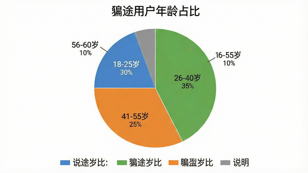 一张用户年龄分布的饼状图,图表标题为“貔途用户年龄占比”,饼图分为四个扇形区域,分别标注“18-25岁 30%”、“26-40岁 35%”、“41-55岁 25%”、“56-60岁 10%”,颜色分别为蓝色、绿色、橙色、灰色,背景是纯白色,图表下方有图例说明,风格简洁数据化,画质清晰,无多余元素