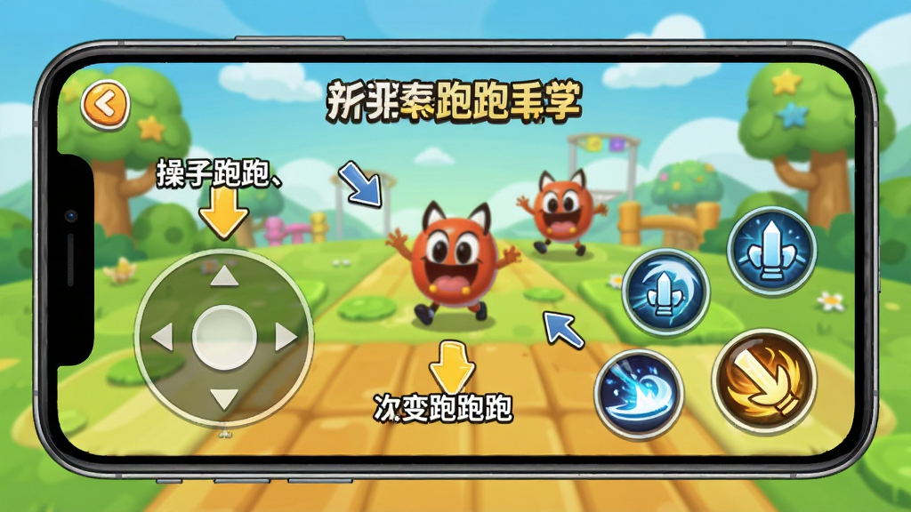 ���������� ���ֽ�ѧ���棬����չʾ�ֻ���Ļ�ϵ�����ҡ�˺ͼ��ܰ�ť���֣��Ա��м�ͷ�����ֱ�ע˵�����������������ǿ�ͨ������Ϸ���������������ˣ�����Ѻã����������޶���Ԫ��
