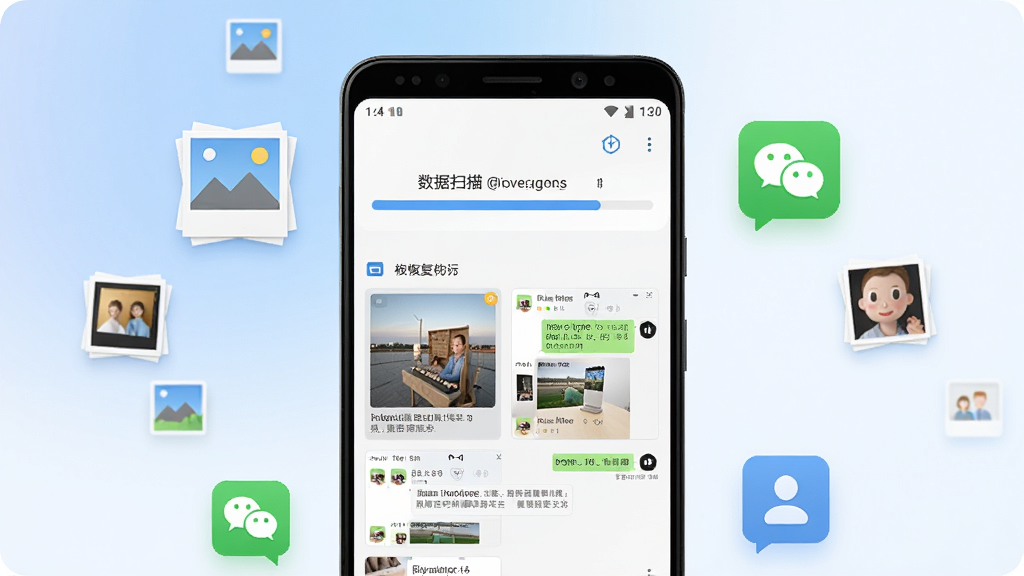 一张展示手机信息恢复软件核心功能的宣传图,画面中央是一部安卓手机,手机屏幕上显示着数据扫描进度条和已恢复的照片、聊天记录缩略图,手机周围环绕着被找回的照片图标、微信气泡图标和联系人图标,背景是柔和的蓝白渐变色调,整体风格清爽现代,画质干净,无多余元素。