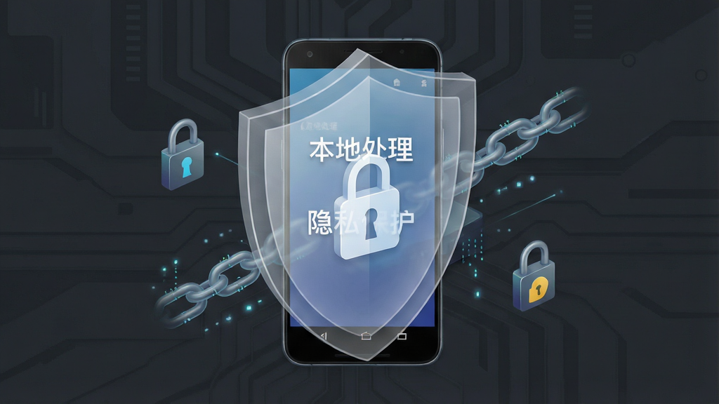 一张展示手机信息恢复软件隐私安全特性的示意图,画面中一部安卓手机被一个半透明的盾牌图标包裹着,盾牌上有一个锁的符号,手机屏幕显示着“本地处理”和“隐私保护”的字样,周围有数据加密的锁链元素,背景是深灰色科技风格,整体色调沉稳,画质干净利落,无多余元素。