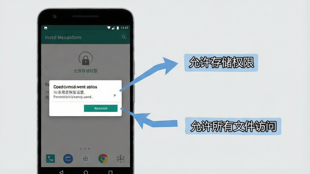 一张展示手机信息恢复软件安装和权限设置步骤的示意图,画面中一部安卓手机显示着安装界面和权限请求弹窗,旁边有箭头指示“允许存储权限”和“允许所有文件访问”的操作步骤,界面风格简洁明了,文字标签清晰,背景是浅灰色,整体画质干净,无多余元素。