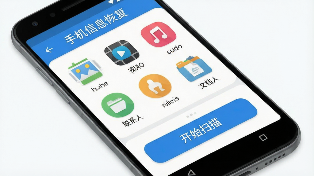 一张展示手机信息恢复软件操作界面的示意图,画面中一部安卓手机显示着软件主界面,界面顶部是软件名称“手机信息恢复”,中间是照片、视频、音频、文档、联系人等数据类型的图标网格,底部有一个醒目的蓝色“开始扫描”按钮,界面布局清晰,文字标签明确,风格现代扁平,细节圆润,画质干净无多余元素。
