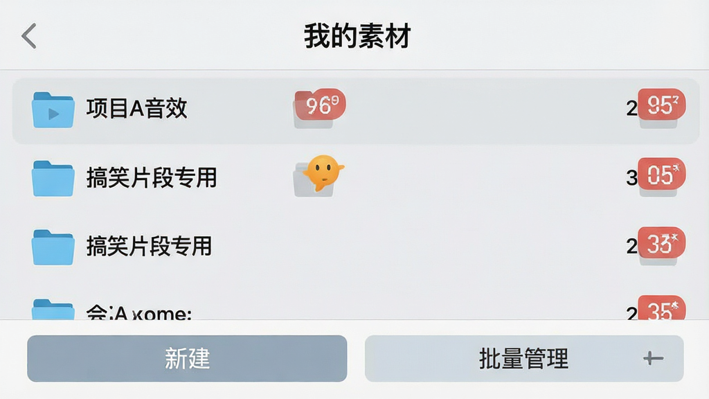 һ����Ч�ز�App�ġ��ҵ��زġ����������ͼ����������ʾ���û��Խ����ļ����б����硰��ĿA��Ч��������ЦƬ��ר�á��ȣ�ÿ���ļ����Ա�����Ч�����Ǳ꣬�ײ����½��ļ��к����������İ�ť�����汳��Ϊǳ��ɫ�����������������ʵ�ã����ʸɾ��޶���Ԫ�ء�