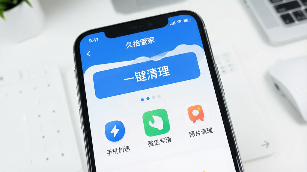 һ���ֻ���Ļ��д����Ļ������ʾ����ʰ�ܼҡ�APP�������棬������Ƽ�࣬��������ɫΪ������������Ŀ�ġ�һ����������ť���·��������ֻ����١�΢��ר�塢��Ƭ�����ȹ���ͼ�꣬�����Ǹɾ���������棬�������ִ���ƽ�������������޶���Ԫ��