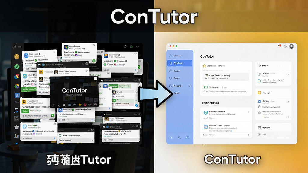 һ��չʾConTutor�޹����ˬ����ĶԱ�ͼ���������������������浯�������һ��棬�Ҳ���ConTutor�ɾ�����Ľ��棬�м��ü�ͷ���ӣ�������ConTutor������������ִ���ɫ�ʶԱ����������ʸɾ��޶���Ԫ��